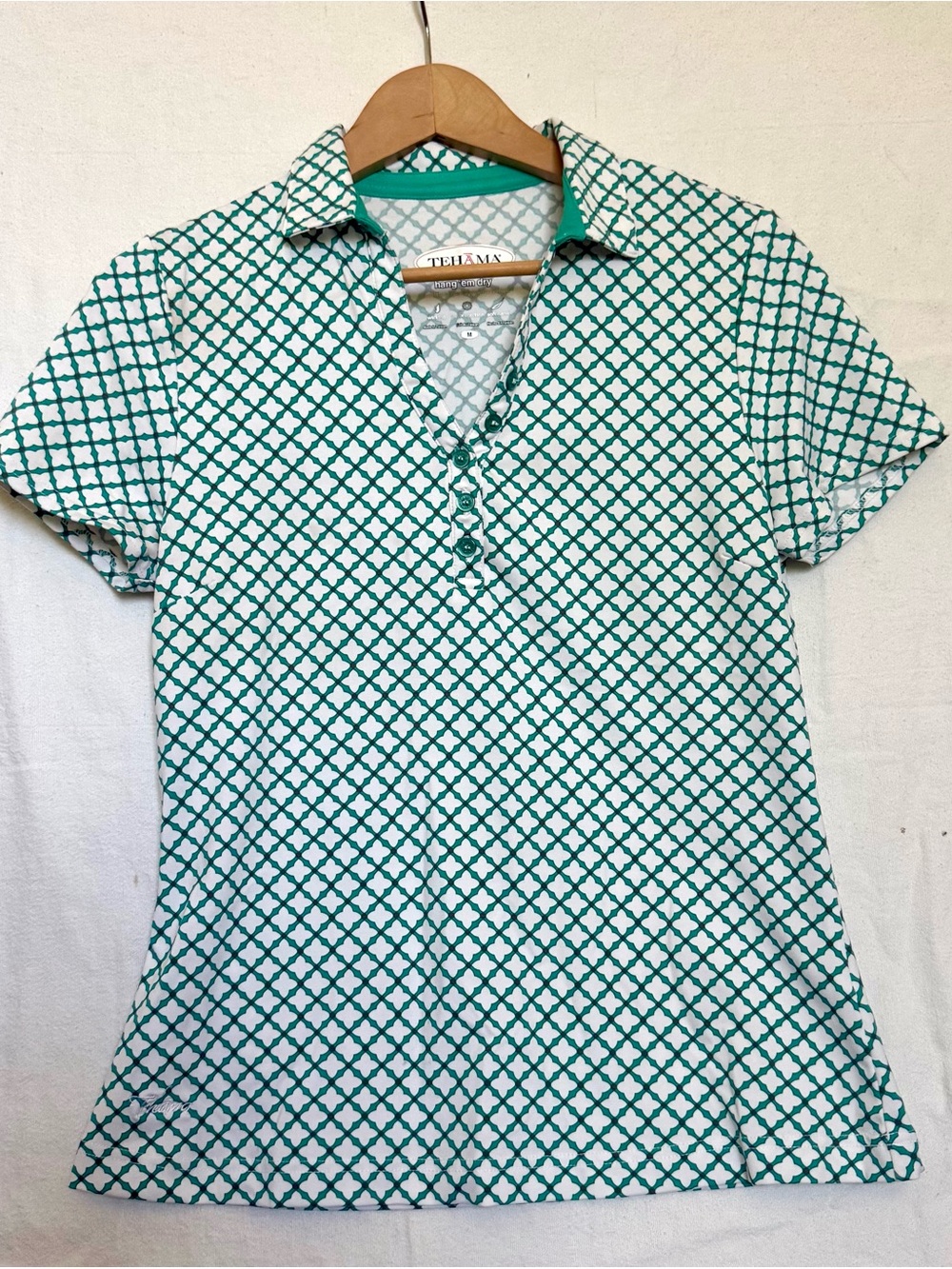 TEHAMA White Golf Polo Shirt with Teal Lattice Print